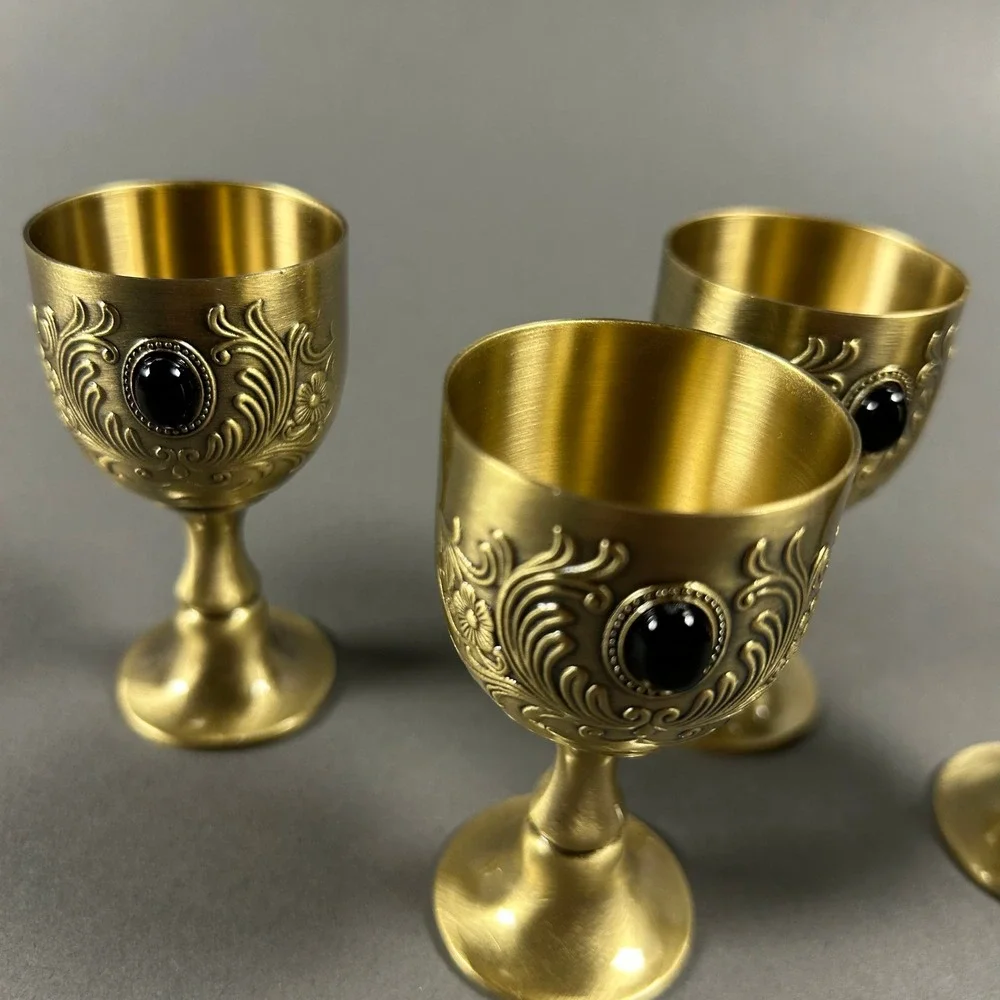 Li Dong Brass Tone Metal Goblets Set of 4 Black Stone Embossed Small Chalices